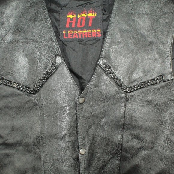 Hot Leathers Black Leather Snaps Soft Lining Braided Trim Biker Vest XXL - Picture 2 of 7